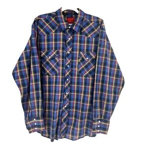 90s Rustler X Long Tails Western Pearl Snap Shirt Mens 2XL Blue Plaid Cowboy VTG